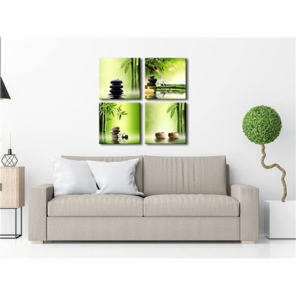Modern 4 Panel Stretched Contemporary Zen Canvas Prints Perfect Bamboo Green - Picture 2 of 7